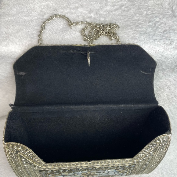 Vintage Mosaic Silver and Mother of Pearl Clutch with Chain Strap - Picture 4 of 9
